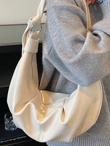 Retro cream soft leather pleated hobo bag with knotted strap and large capacity