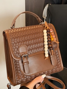 Zaino alla Moda in Pelle PU Intrecciata per Donna Cartella per Studenti Retro Con Ciondolo a Perline Stile Coreano Zaino Street Trendy Quotidiano