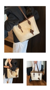 Detailed views of a cream and brown tote bag with logo embossing and floral tassel charm