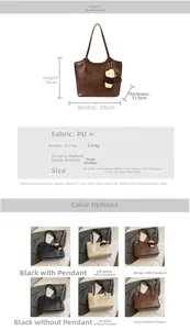 Detailed size specifications for a large capacity PU leather shoulder tote bag with bear charm