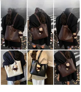 Three colors of stylish faux leather tote bags shown on models in daily urban settings
