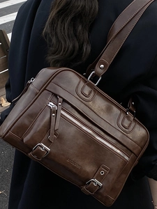 Retro large capacity dark brown leather tote bag with functional exterior zipper pockets