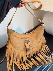 Retro Tassel Shoulder Bag For Women Bohemian Fringe Crossbody Bag Frosted PU Leather Niche Commuter Underarm Bag With Buckle