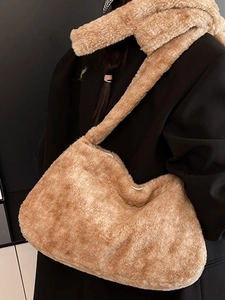 Plush camel bucket tote bag and matching scarf set for women with large capacity
