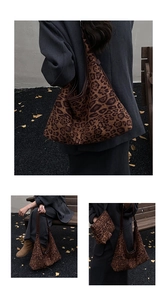 Leopard print hobo tote set with matching zipper pouch and deep brown leather straps