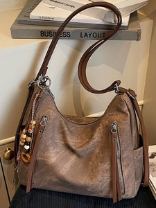 Vintage Large Capacity PU Shoulder Bag For Women Multi Zipper Tote Bag With Wood Bead Tassel Casual Commuter Daily Office