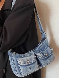Vintage Y2K blue denim shoulder bag with multiple pockets and gold snap buttons