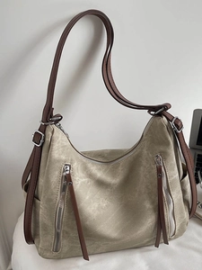 2025 vintage minimalist large capacity tote bag with dual zipper details in khaki