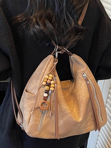 Vintage brown PU leather backpack with bohemian bead charms and dual metal zippers