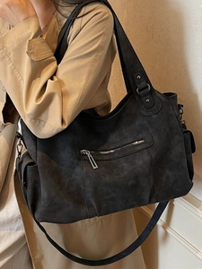 Grande borsa shopper retrò color antracite in tessuto opaco con tasche esterne e tracolla