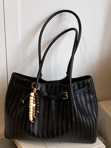 Women Woven PU Leather Tote Bag Large Capacity Braided Shoulder Bag With Bead Pendant Vintage Urban Minimalist Commuter Handbag
