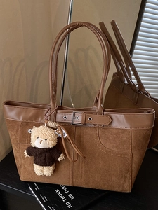 Retro patchwork large tote bag with suede accents and a cute teddy bear charm