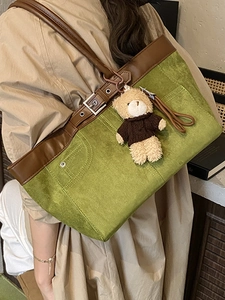 Retro patchwork large capacity suede tote bag with brown leather straps and bear charm