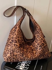 Leopard Print Large Capacity Tote Bag For Women Retro Suede Shoulder Bag Adjustable Strap Urban Minimalist Hobo Commute Bag