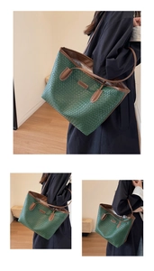 Detail of green woven tote bag with brown handles and high-quality leather texture