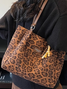 Vintage leopard print suede tote bag with wooden bead charm and large capacity for women