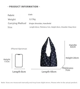 Größentabelle für Satin-Tragetasche mit Polka-Dots, Maße 48x28cm und Handy-Vergleich