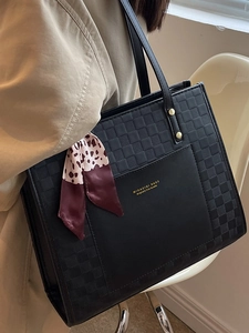 Chic black checkered tote bag with silk scarf accessory for women fall 2025