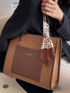 Brown checkered tote bag with patterned scarf handle and front pocket for women