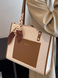 Large capacity checkerboard tote bag with brown leather trim and leopard print scarf