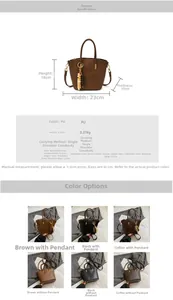 Detailed dimension chart showing a vintage PU leather tote bag with three color options