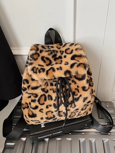 Sac à dos en peluche léopard avec cordon de serrage et fausse fourrure pour voyage d'automne