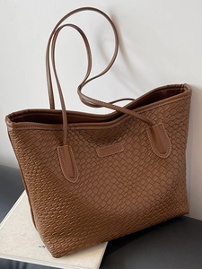 Large dark brown checkered tote bag with dual long handles for daily commuting and office
