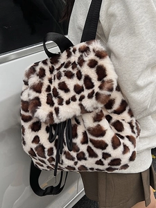 Sac à dos en peluche à motif léopard avec cordon de serrage et design chic