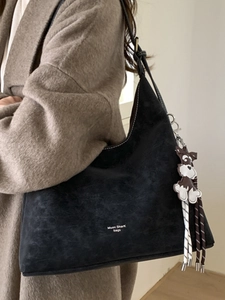 Classic black suede tote bag for women with a cute schnauzer dog pendant and large capacity