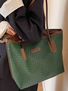 Large capacity green woven tote bag with brown leather straps for work and school