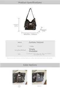 Detailed size guide and interior fabric view of leopard print canvas tote bag