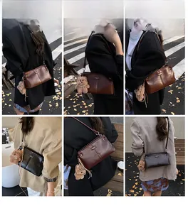Outdoor street style shots showing vintage leather crossbody bags with bear plush charms