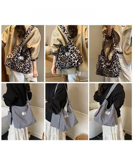 Detailed views of leopard print and black-and-white checkered canvas tote bags