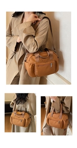 Three views showing caramel nylon pillow bag crossbody and handheld with adjustable strap
