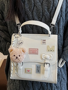 White PU leather tote bag with cute patches, top handle and adjustable shoulder strap