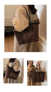 Three-way view of a large leopard print tote bag styled with a beige trench coat