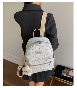 Détail du sac à dos avec imprimé d'ours, pendentif peluche et texture tissée