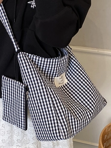 Chic black and white gingham canvas tote bag with matching coin purse for casual daily use