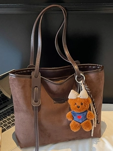 Vintage large dark brown suede tote bag with leather handles and bear pendant decor