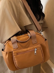 Caramel nylon shoulder bag with multiple pockets and wide woven strap for women