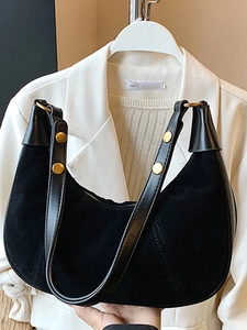 Sac Hobo Croissant en PU Suédé Vintage pour Femmes Sac à Épaule Décontracté Avec Détails de Couture et Matériel Doré
