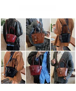 Detailed views of burgundy and brown bucket bags with star charms in various carrying styles