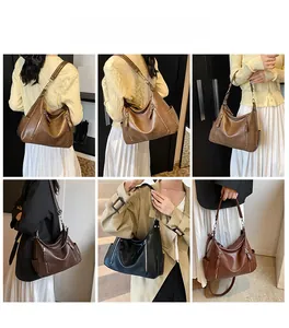 Collage of large faux leather hobo bags in various colors shown on models for size guide