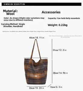 Size chart for check pattern tote bag showing dimensions for width height and handle