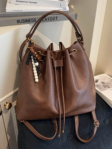 Women Vintage PU Leather Bucket Bag Large Capacity Drawstring Shoulder Bag With Beaded Pendant Simple Urban Crossbody Bag