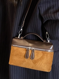 Mini sac à main vintage en cuir marron et daim avec poignée et bandoulière amovible