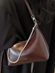Dark brown oil-wax leather hobo bag with silver chain and NO FILTER text design