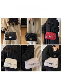 Quilted chain shoulder bag styles in multiple colors shown with model outfits
