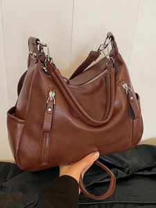 Retro dark brown large capacity faux leather tote bag with dual handles and long strap