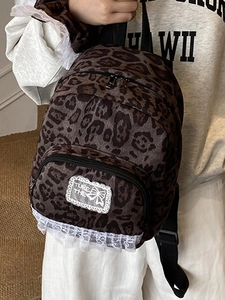 Retro leopard print backpack with white lace trim and bow patch for women students